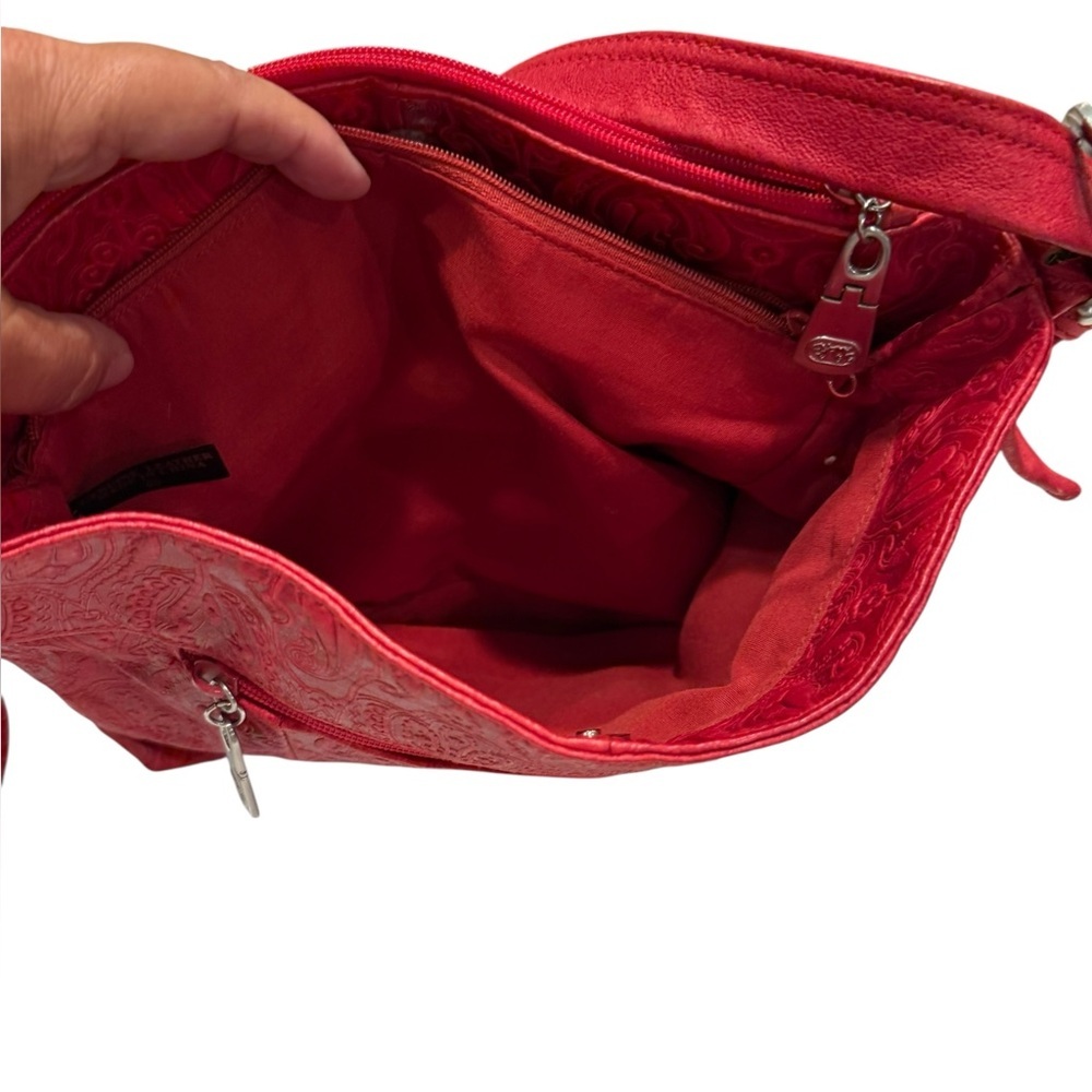 Genuine Leather Red Embossed Paisley Style Shoulder Bag with Adjustable Straps - Picture 8 of 15